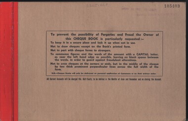 Document - MCCOLL, RANKIN AND STANISTREET COLLECTION: RED WHITE & BLUE EXTENDED - CHEQUE BOOK, 1957 - 1962