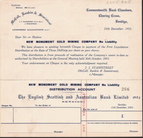 Document - MCCOLL, RANKIN AND STANISTREET COLLECTION: NORTH HUSTLERS GMC - CHEQUES FOR RATE OF 3/- ON YOUR SHARES, 11 Dec 1953