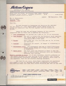 Document - MCCOLL, RANKIN AND STANISTREET COLLECTION: NORTH HUSTLERS GMC - QUOTATION FOR ATLAS COPCO PORTABLE COMPRESSOR, 1959