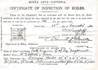 Document - MCCOLL, RANKIN AND STANISTREET  COLLECTION: NORTH VIRGINIA GM CO NL, CERTIFICATE OF BOILER INSPECTION, 1934