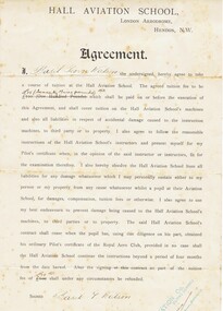 Document - BASIL WATSON COLLECTION: AGREEMENT BETWEEN HALL AVIATION SCHOOL AND B WATSON, 1915