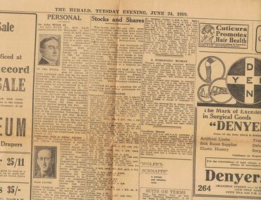 Newspaper - BASIL WATSON COLLECTION: LIST OF AUSTRALIANS TO WIN VICTORIA CROSS WW1, 1919