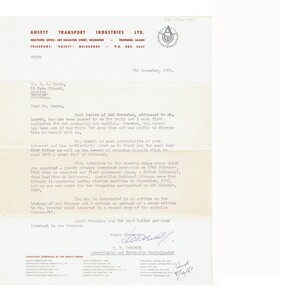 Document - BASIL WATSON COLLECTION: LETTER ANSETT TRANSPORT INDUSTRIES TO R K MUNRO ENQUIRY (SEE 1200.44), 1961