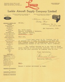 Document - BASIL WATSON COLLECTION: LETTER (FROM LARKIN AIRCRAFT SUPPLY CO LTD TO K MUNRO), 1929