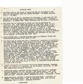 Document - BASIL WATSON COLLECTION: SELECTION OF IMPORTANT AVIATION DATES (SHEET OF), 1961