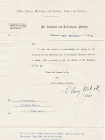 Document - BASIL WATSON COLLECTION: LETTER OF ACKNOWLEDGEMENT FROM THE INDUSTRIAL AND TECHNOLOGICAL MUSEUM (RE B WATSON AIRCRAFT ITEMS), 1919
