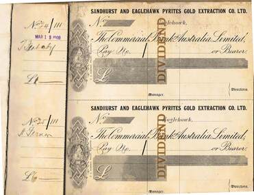 Document - MCCOLL, RANKIN AND STANISTREET  COLLECTION: CHEQUE BOOK SANDHURST AND EAGLEHAWK PYRITES GOLD EXTRACTION CO LTD, 1909