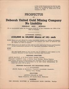 Document - MCCOLL, RANKIN AND STANISTREET  COLLECTION: PROSPECTUS OF DEBORAH UNITED GOLD MINING COMPANY NL, DEBORAH REEF, 1940