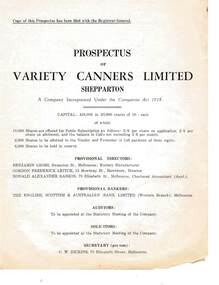 Document - MCCOLL, RANKIN AND STANISTREET COLLECTION: VARIETY CANNERS SHEPPARTON PROSPECTUS, various
