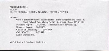 Document - MCCOLL, RANKIN AND STANISTREET  COLLECTION: SOUTH DEBORAH GOLD MINES NL, SUNDRY PAPERS FOLDER, 1949-51