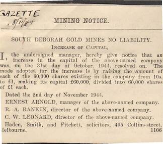 Document - MCCOLL, RANKIN AND STANISTREET  COLLECTION: SOUTH DEBORAH GOLD MINES NL: INCREASE OF CAPITAL, 2/11/1944