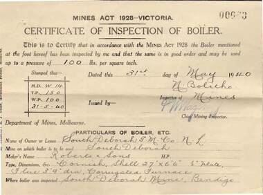 Document - MCCOLL, RANKIN AND STANISTREET  COLLECTION: CERTIFICATE OF INSPECTION OF BOILER: SOUTH DEBORAH GOLD MINE NL, 31/5/1940