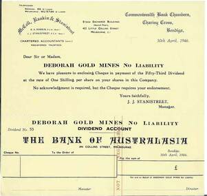 Document - MCCOLL, RANKIN AND STANISTREET COLLECTION: DEBORAH GOLD MINES NO LIABILITY - DIVIDEND NOTICES, 30th. April, 1946