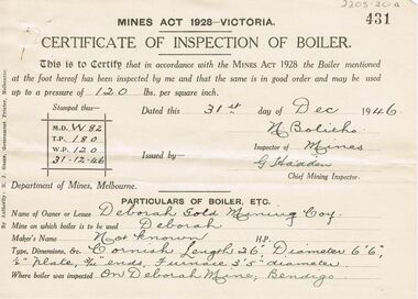 Document - MCCOLL, RANKIN AND STANISTREET COLLECTION: CERTIFICATE OF INSPECTION OF BOILER, 1946