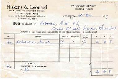 Document - MCCOLL, RANKIN AND STANISTREET COLLECTION: DEBORAH GOLD MINES NL - SHARE SALES, 1947
