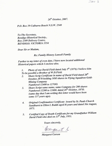 Document - LANSELL COLLECTION: LETTER:  RE FAMILY HISTORY LANSELL FAMILY, 2007