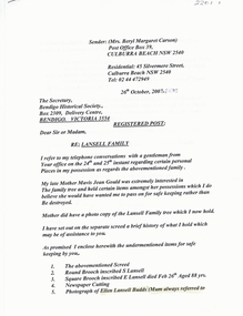 Document - LANSELL COLLECTION: LETTER:  BERYL MARGARET CARSON RE LANSELL FAMILY, 2007