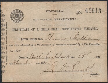 Document - KELLY AND ALLSOP COLLECTION: CERTIFICATE, EDUCATION DEPARTMENT, 1881