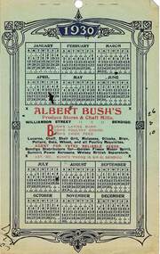 Document - BUSH COLLECTION: CALENDAR 1930 - ALBERT BUSH'S (WILLIAM ST , BENDIGO), 1930
