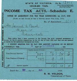 Document - BUSH COLLECTION: COLLECTION OF STATE INCOME TAX ASSESSMENT NOTICES (S A BUSH), 1919-1921