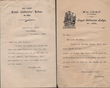 Document - PRINTED LETTERS TO MEMBERS OF LOYAL CATHERINE LODGE NO 4935, b. 1916