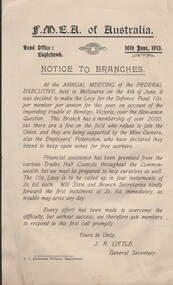 Document - NOTICE TO BRANCHES (FMEA OF AUSTRALIA) - FEDERATED MINERS & ENGINEERS ASSOCIATION, 1913