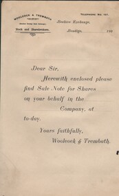 Document - SALE NOTE FOR SHARES (WOOLCOCK & TREMBATH), 1900 - 1910