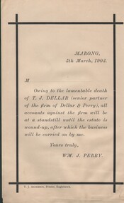Document - NOTICE CONCERNING ACCOUNTS - DEATH OF T J DELLAR, 1903