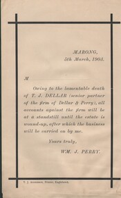Document - NOTICE CONCERNING ACCOUNTS - DEATH OF T J DELLAR, 1903