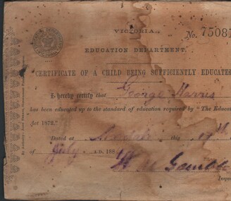 Document - HARRIS COLLECTION:  CERTIFICATE OF A CHILD BEING SUFFICIENTLY EDUCATED, 1889