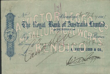 Document - CHEQUES (THE ROYAL BANK OF AUSTRALIA LIMITED), BENDIGO & MELBOURNE), 1911-1914