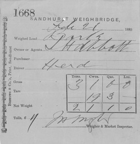 Document - OLIVE PELL COLLECTION: SANDHURST WEIGHBRIDGE TICKET, 1883