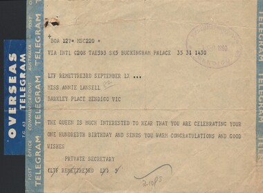 Document - TELEGRAM - 100TH BIRTHDAY OF ANNIE LANSELL, 1960