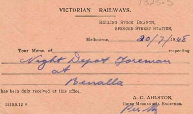 Document - BADHAM COLLECTION: MEMO CARD VICTORIAN RAILWAYS, 20/7/1948