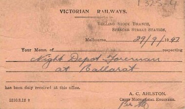 Document - BADHAM COLLECTION: MEMO CARD VICTORIAN RAILWAYS, 29/9/1947