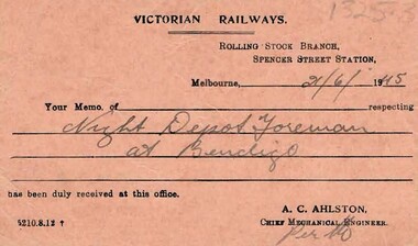 Document - BADHAM COLLECTION: MEMO CARD VICTORIAN RAILWAYS, 21/6/1945