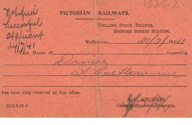 Document - BADHAM COLLECTION: MEMO CARD VICTORIAN RAILWAYS, 21/7/1941