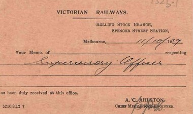 Document - BADHAM COLLECTION: MEMO CARD, VICTORIAN RAILWAYS, 11/10/1939