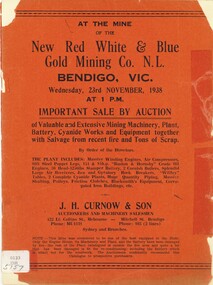 Book - AUCTION CATALOGUE - NEW RED WHITE AND BLUE GOLD MINING CO. N.L. BENDIGO VIC, 1938