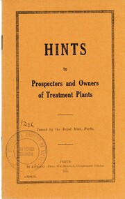 Book - HINTS TO PROSPECTORS AND OWNERS OF TREATMENT PLANTS, 1933