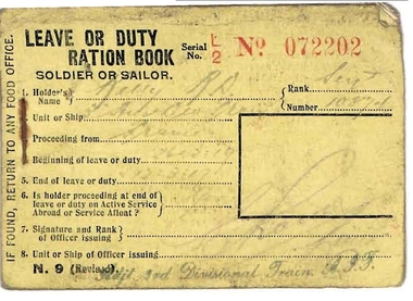 Document - ROBERT DENIS KELLY COLLECTION:  LEAVE OR DUTY RATION BOOK, 1919