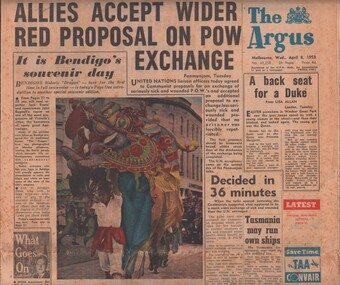 Newspaper - GILBERT RULE COLLECTION: ARGUS NEWSPAPER SOUVENIR OF BENDIGO, 1953