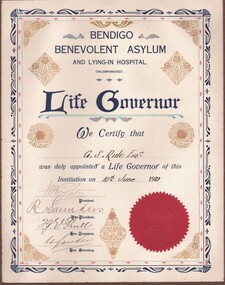 Document - GILBERT RULE COLLECTION: CERTIFICATE LIFE GOVERNOR BENDIGO BENEVOLENT ASYLUM, 1919