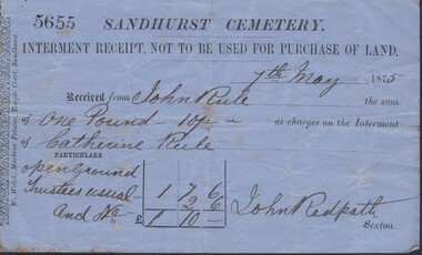 Document - GILBERT RULE COLLECTION: INTERMENT RECEIPT, 1875