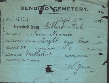 Document - GILBERT RULE COLLECTION: BENDIGO CEMETERY RECEIPT 6337, 1929