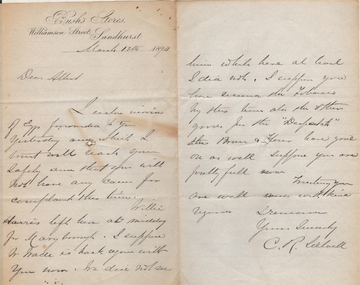 Document - BUSH COLLECTION: LETTER TO ALBERT BUSH (FROM C. R. STILWELL???), 1890 (?)