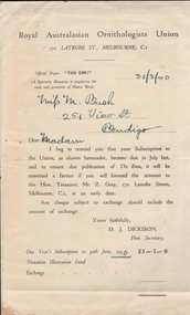 Document - BUSH COLLECTION:  ROYAL AUSTRALASIAN ORNITHOLOGISTS UNION - REMINDER NOTICE, 1930