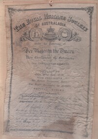Document - ROYAL HUMANE SOCIETY CERTIFICATE FOR MINE RESCUE - CHARLES P. ROWE, 1888