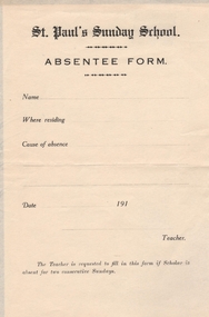 Document - MERLE BUSH COLLECTION: ST PAUL'S SUNDAY SCHOOL 'ABSENTEE FORM', 1910-1920