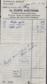 Document - INVOICE (FROM CLIFFS AUCTIONS), 1970